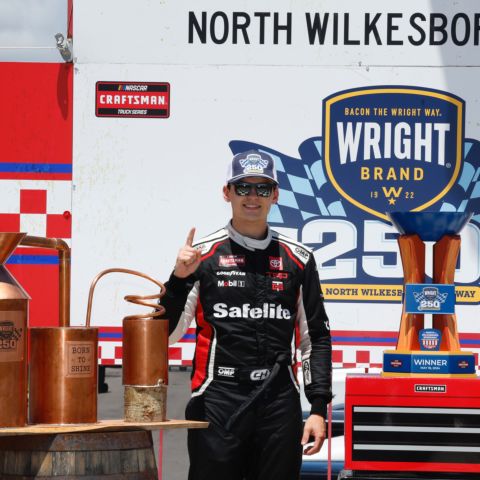 Corey Heim and his TRICON Garage crew celebrate following Heim's victory in Sunday's Wright Brand 250 NASCAR CRAFTSMAN Truck Series race at North Wilkesboro Speedway.