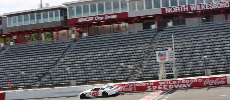 Kevin Harvick crosses the start-finish line at North Wilkesboro Speedway during a zMAX Cars Tour open test at the famed 0.625-mile track on Saturday, July 13, 2024 ahead of the Aug. 3 Late Model Stock Car Window World 125 and the Pro Late Model Reverend 100. 