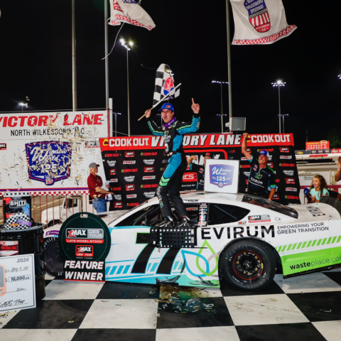 Treyten Lapcevich celebrates after winning the Window World 125 zMAX CARS Tour Late Model Stock Car race on Saturday at North Wilkesboro Speedway. 